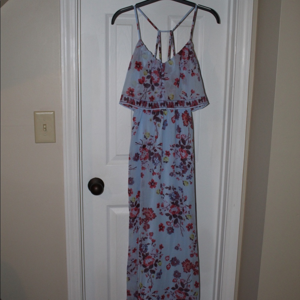 Vera Wang Light Blue Floral Maxi Dress with Red & Purple Flowers